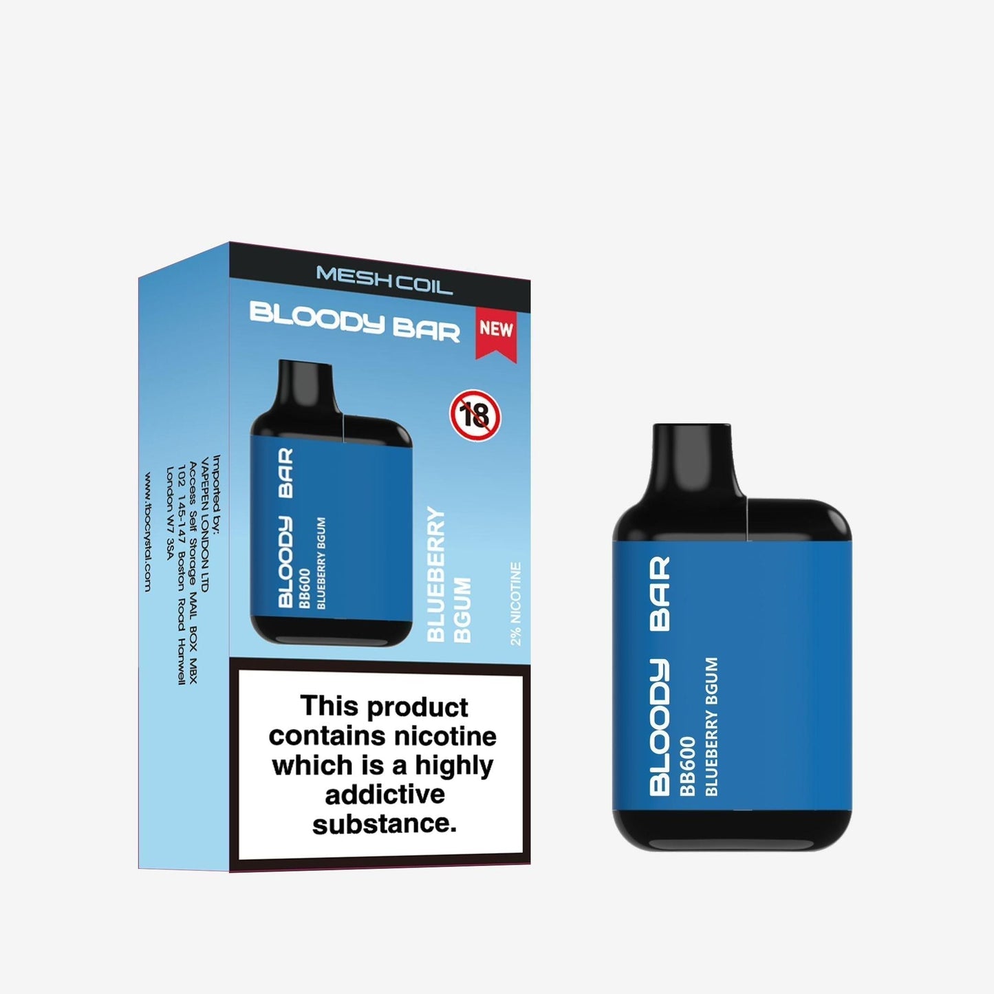 Image of Bloody Bar BB600 Prefilled Pod Vape Kit Pack of 10. Flavour Blueberry BGum