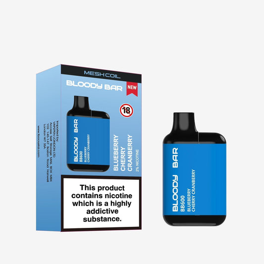 Image of Bloody Bar BB600 Prefilled Pod Vape Pack of 10. Flavour  Blueberry Cherry Cranberry