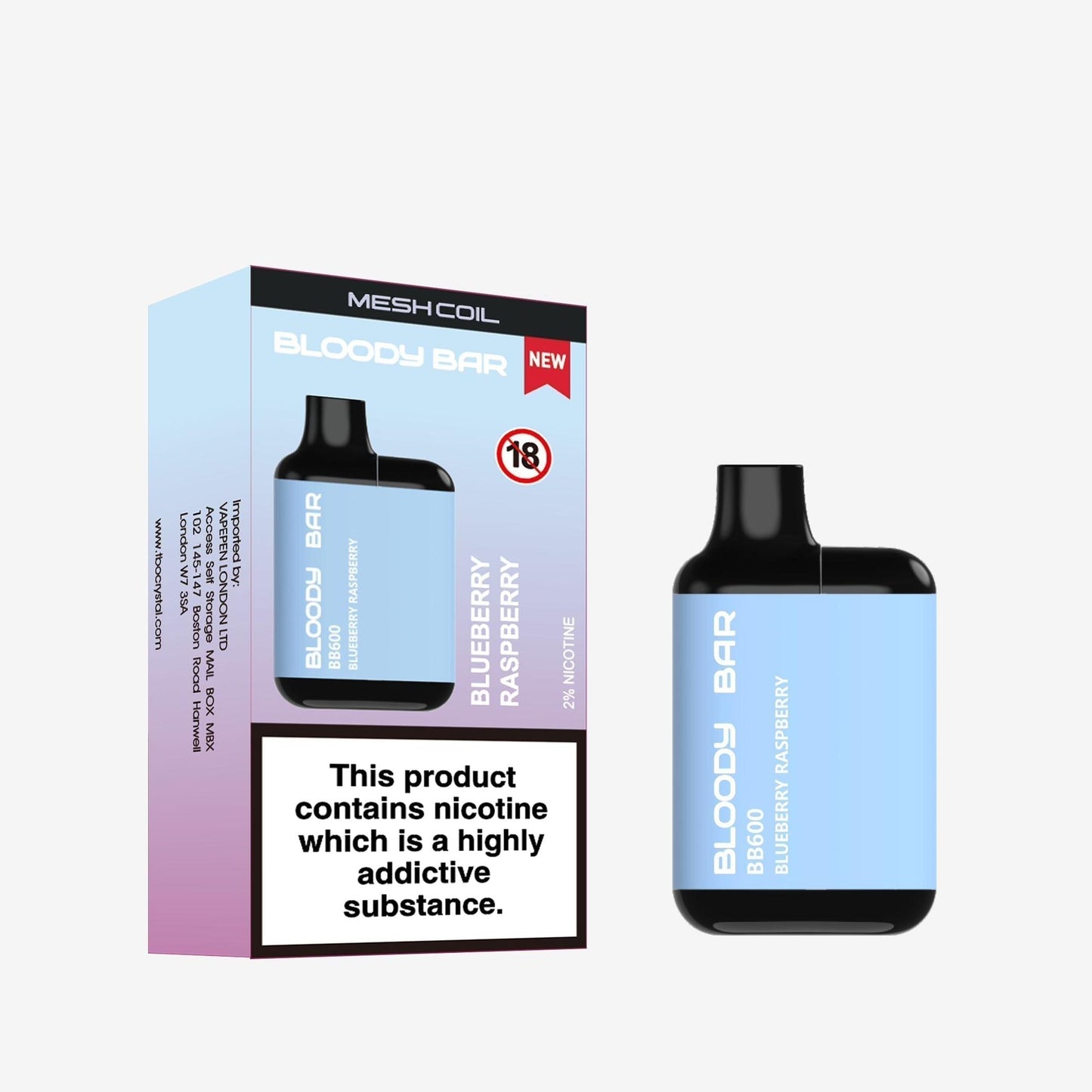 Image of Bloody Bar BB600 Prefilled Pod Vape Kit Pack of 10. Flavour Blueberry Raspberry