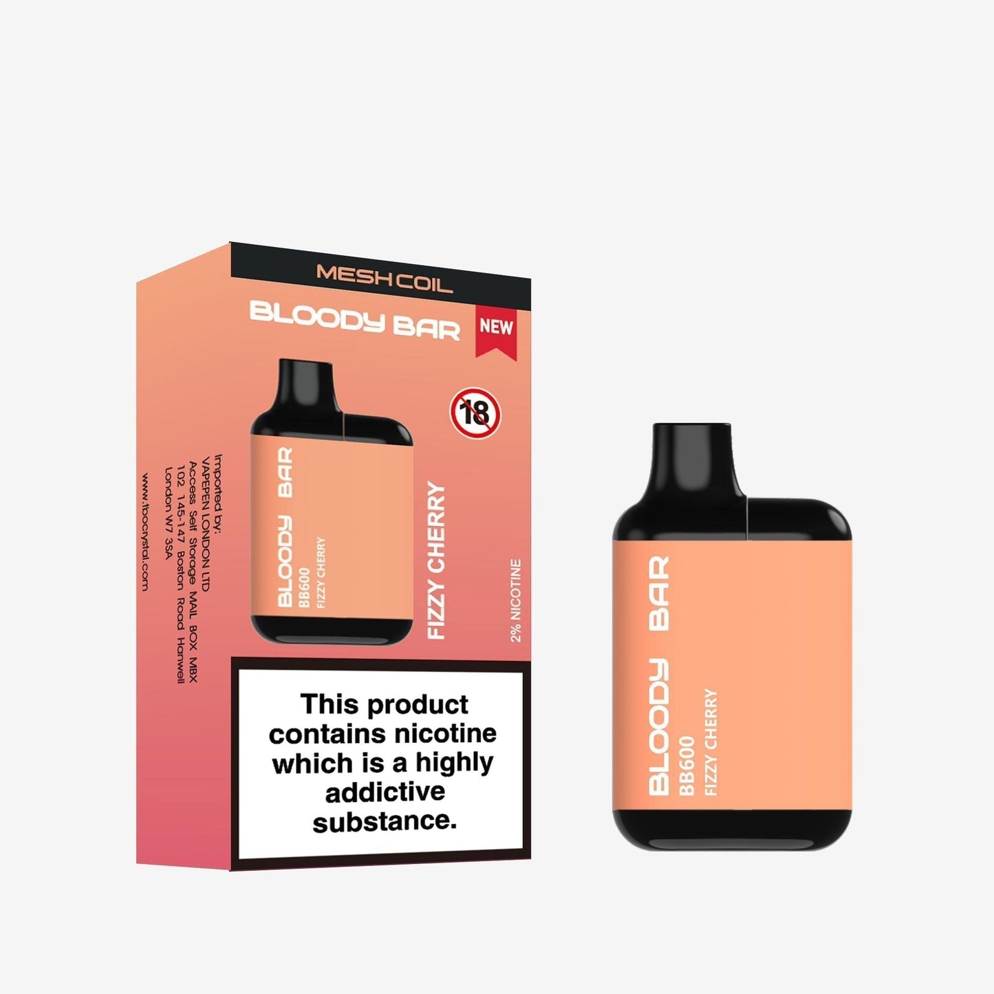 Image of Bloody Bar BB600 Prefilled Pod Vape Kit Pack of 10. Flavour Fizzy Cherry