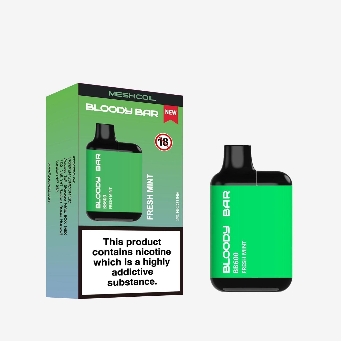 Image of Bloody Bar BB600 Prefilled Pod Vape Pack of 10. Flavour Fresh Mint