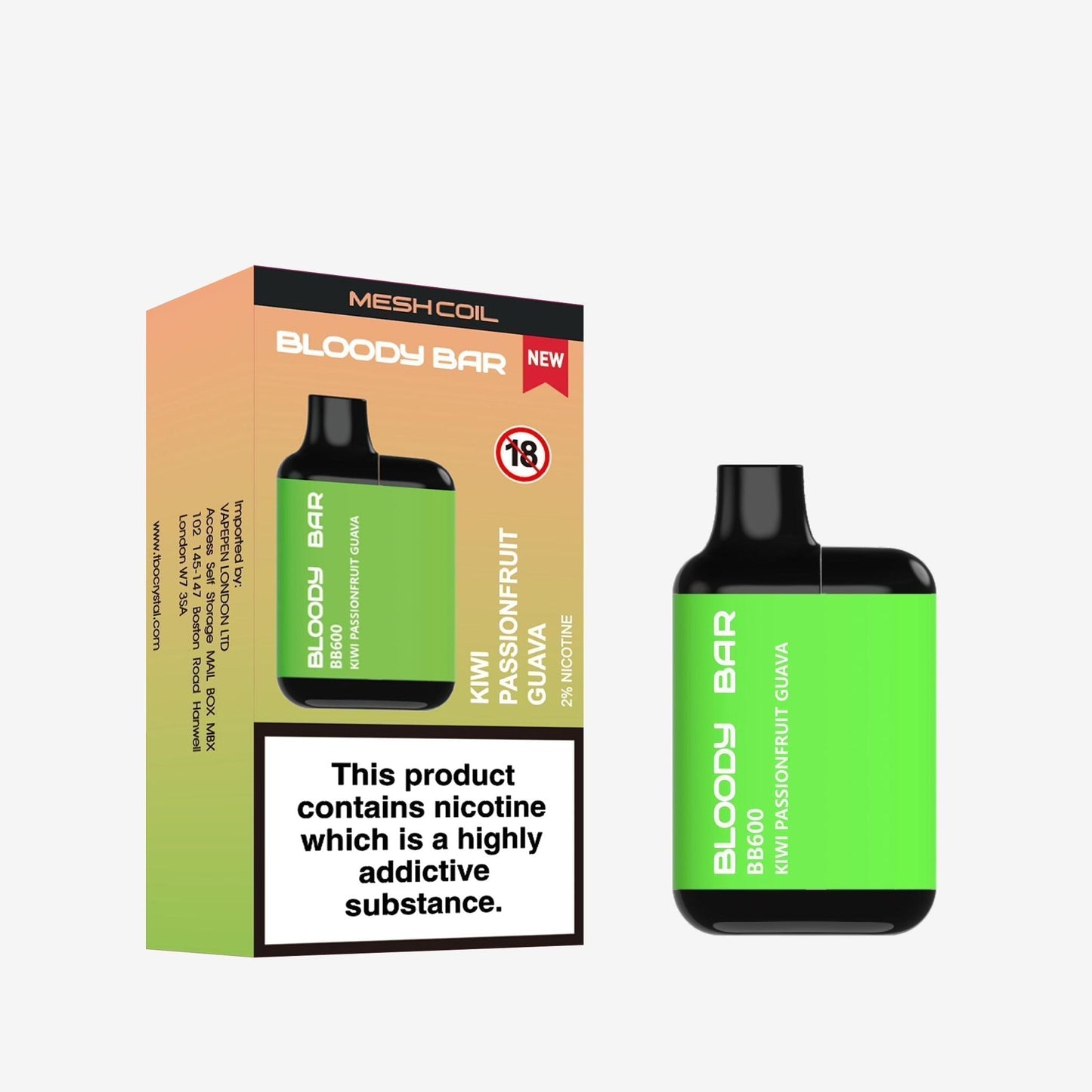 Image of Bloody Bar BB600 Prefilled Pod Vape Kit Pack of 10. Flavour Kiwi Passionfruit Guava