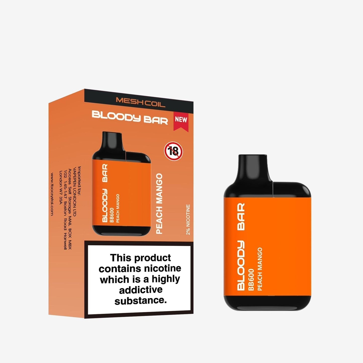 Image of Bloody Bar BB600 Prefilled Pod Vape Pack of 10. Flavour Peach Mango