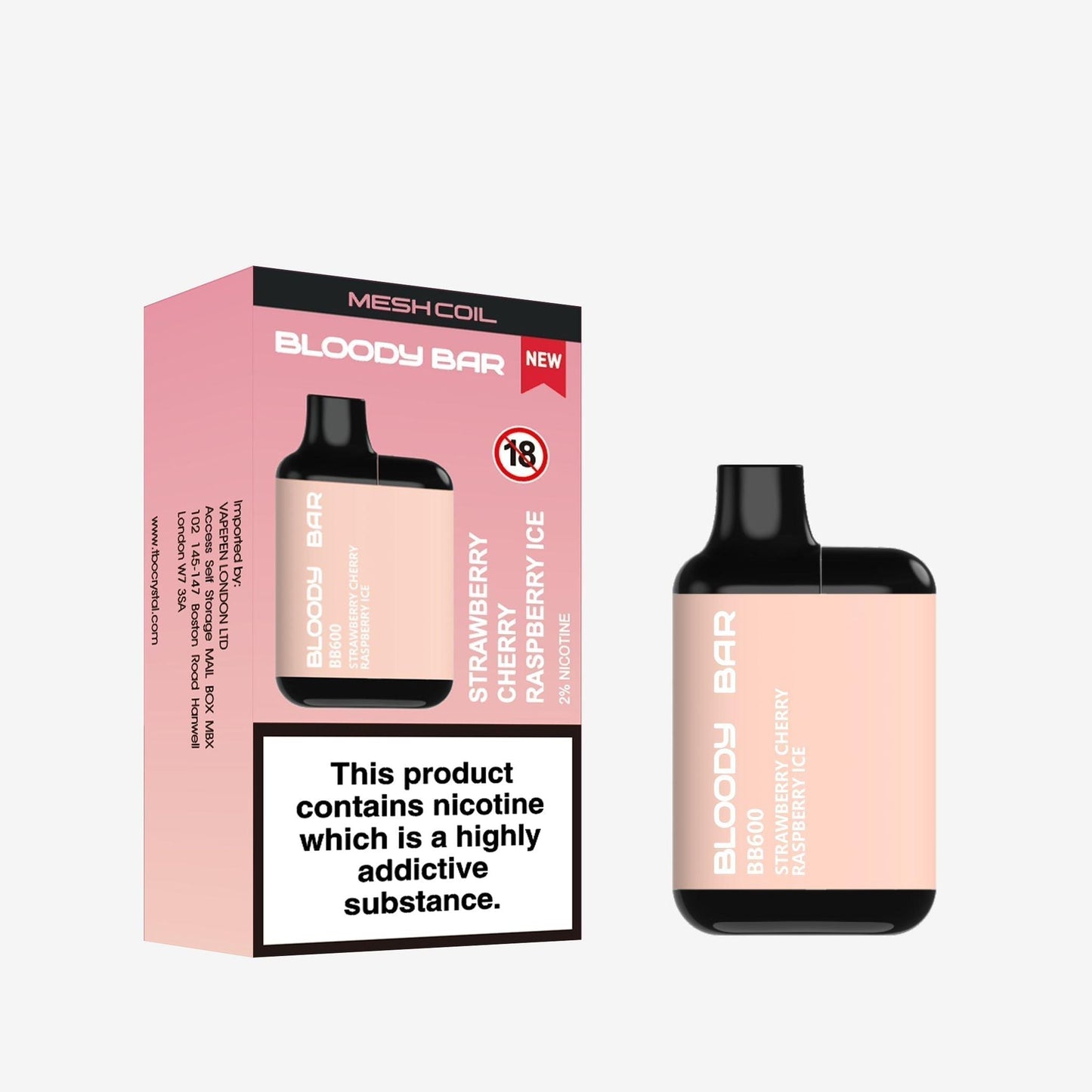 Image of Bloody Bar BB600 Prefilled Pod Vape Kit. Flavour Strawberry Raspberry Cherry Ice