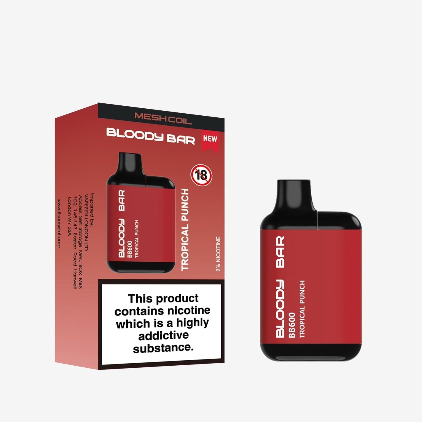 Image of Bloody Bar BB600 Prefilled Pod Vape Kit Pack of 10. Flavour Tropical Punch