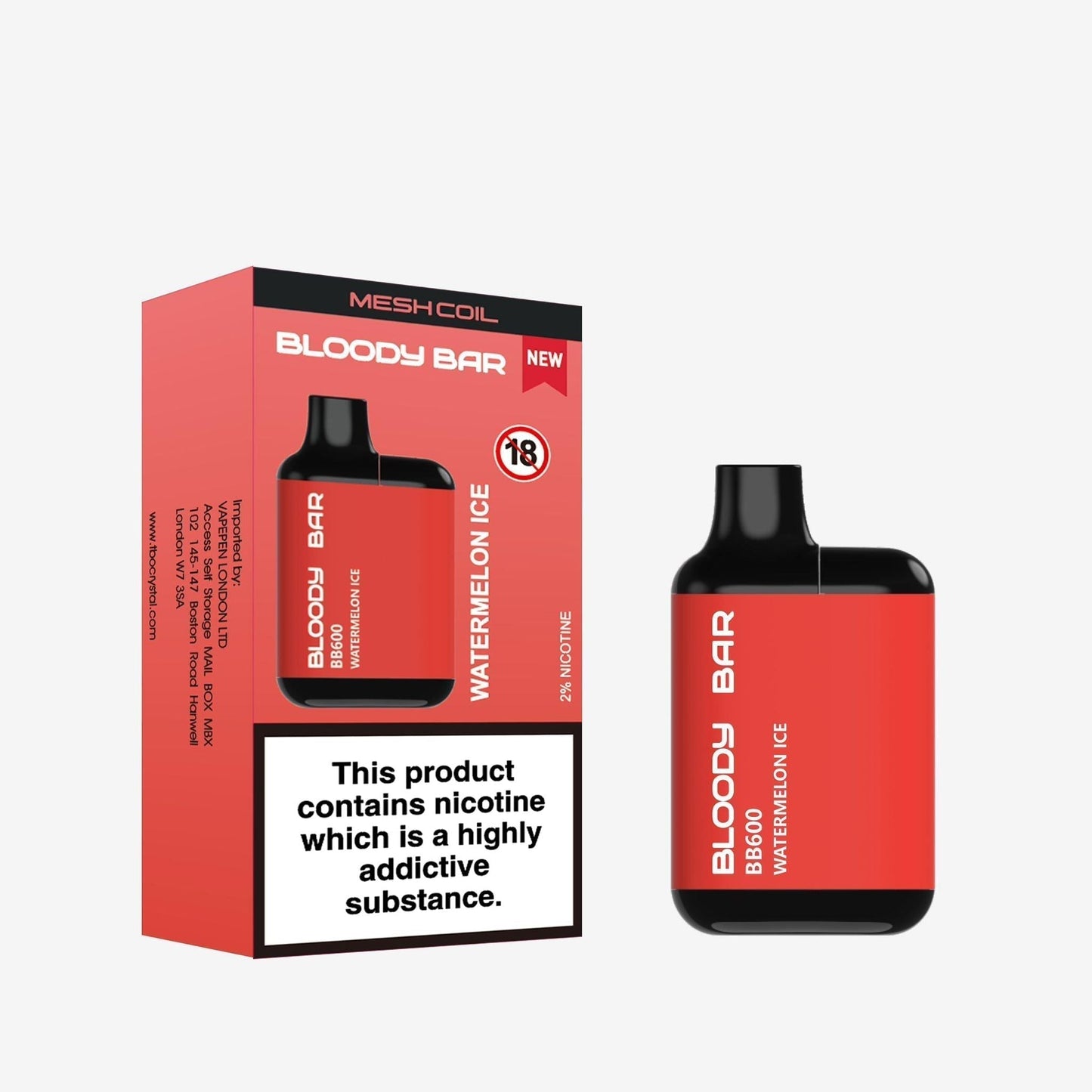 Image of Bloody Bar BB600 Prefilled Pod Vape Kit Pack of 10. Flavour Watermelon Ice