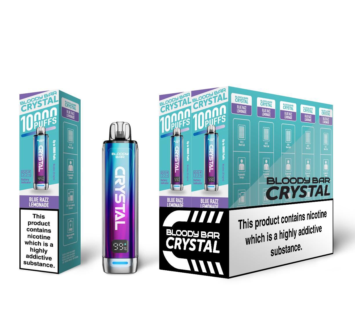 Bloody Crystal 10K Prefilled Pod kit featuring Box of 10 of flavour Blue Razz