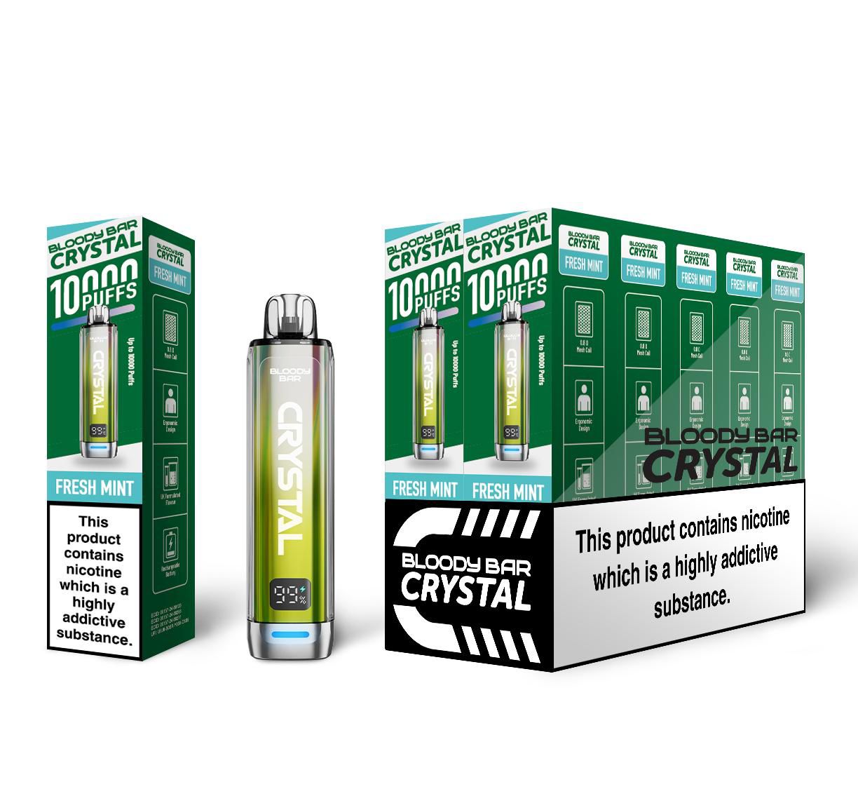 Bloody Crystal 10K Prefilled Pod kit featuring Box of 10 of flavour Fresh Mint Flavour