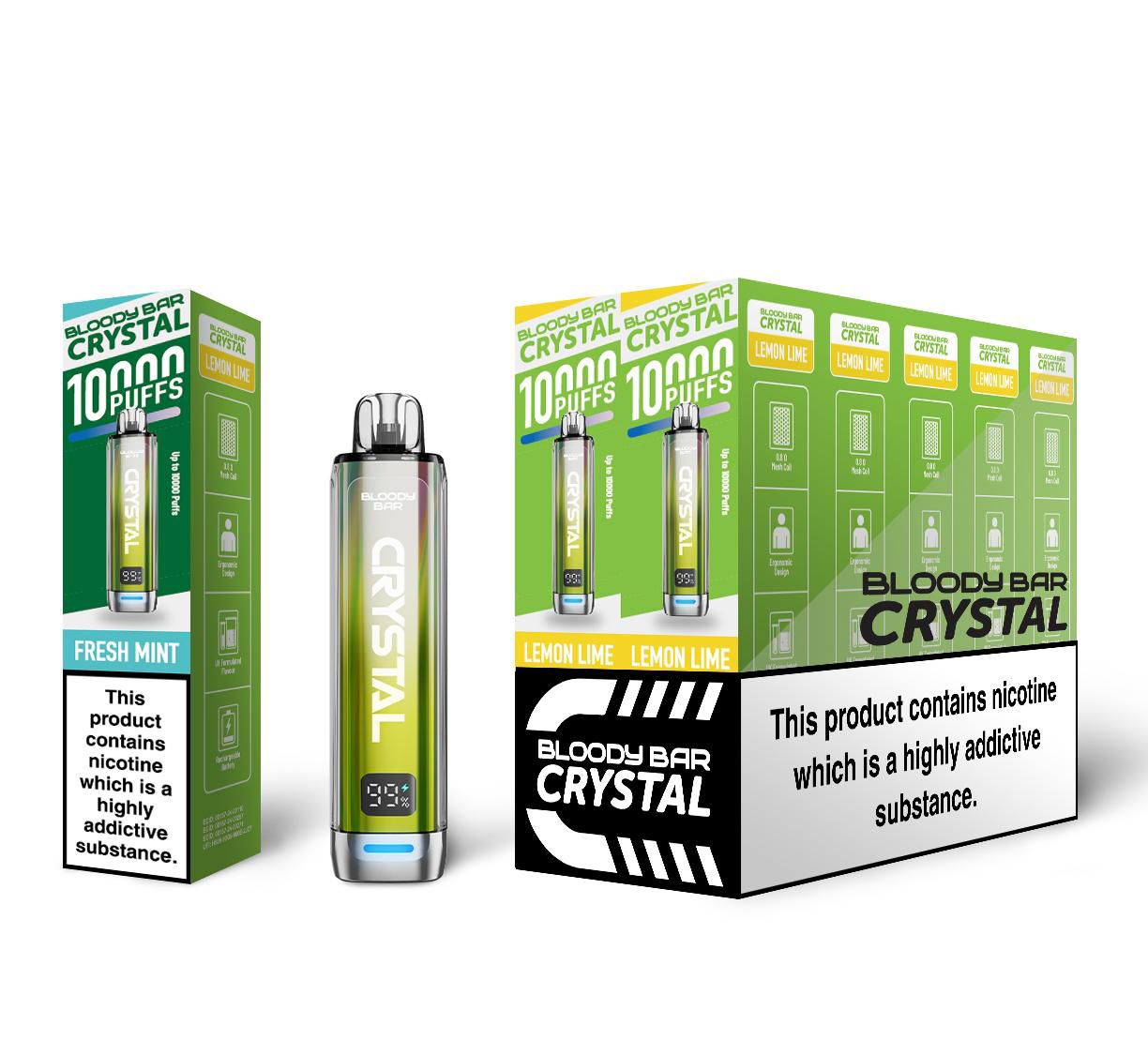 Bloody Crystal 10K Prefilled Pod kit featuring Box of 10 of flavour Lemon & Lime
