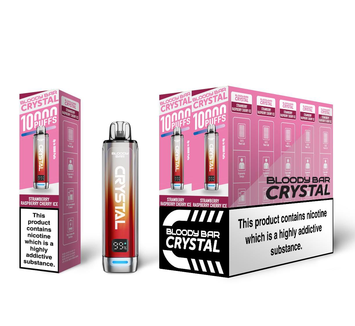 Bloody Crystal 10K Prefilled Pod kit featuring Box of 10 of flavour Strawberry Raspberry Cherry Ice