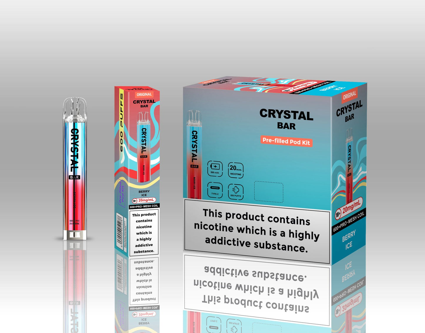 Image of Crystal Bar Original 600 Prefilled Pod Kit Pack of 10 - Flavour Berry Ice
