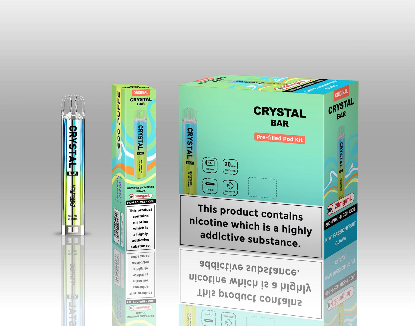 Image of Crystal Bar Original 600 Prefilled Pod Kit Pack of 10 - Flavour Kiwi Passionfruit Guava