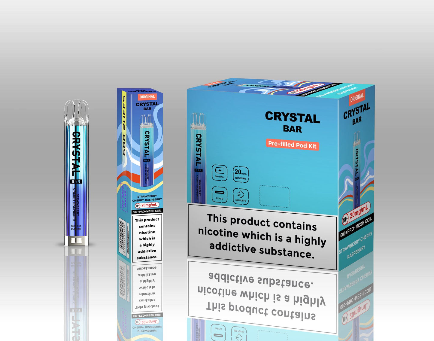 Image of Crystal Bar Original 600 Prefilled Pod Kit Pack of 10 - Flavour Strawberry Cherry Raspberry