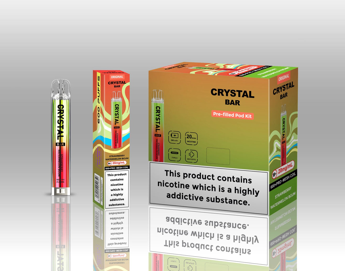 Image of Crystal Bar Original 600 Prefilled Pod Kit Pack of 10 - Flavour Strawberry Watermelon B Gum