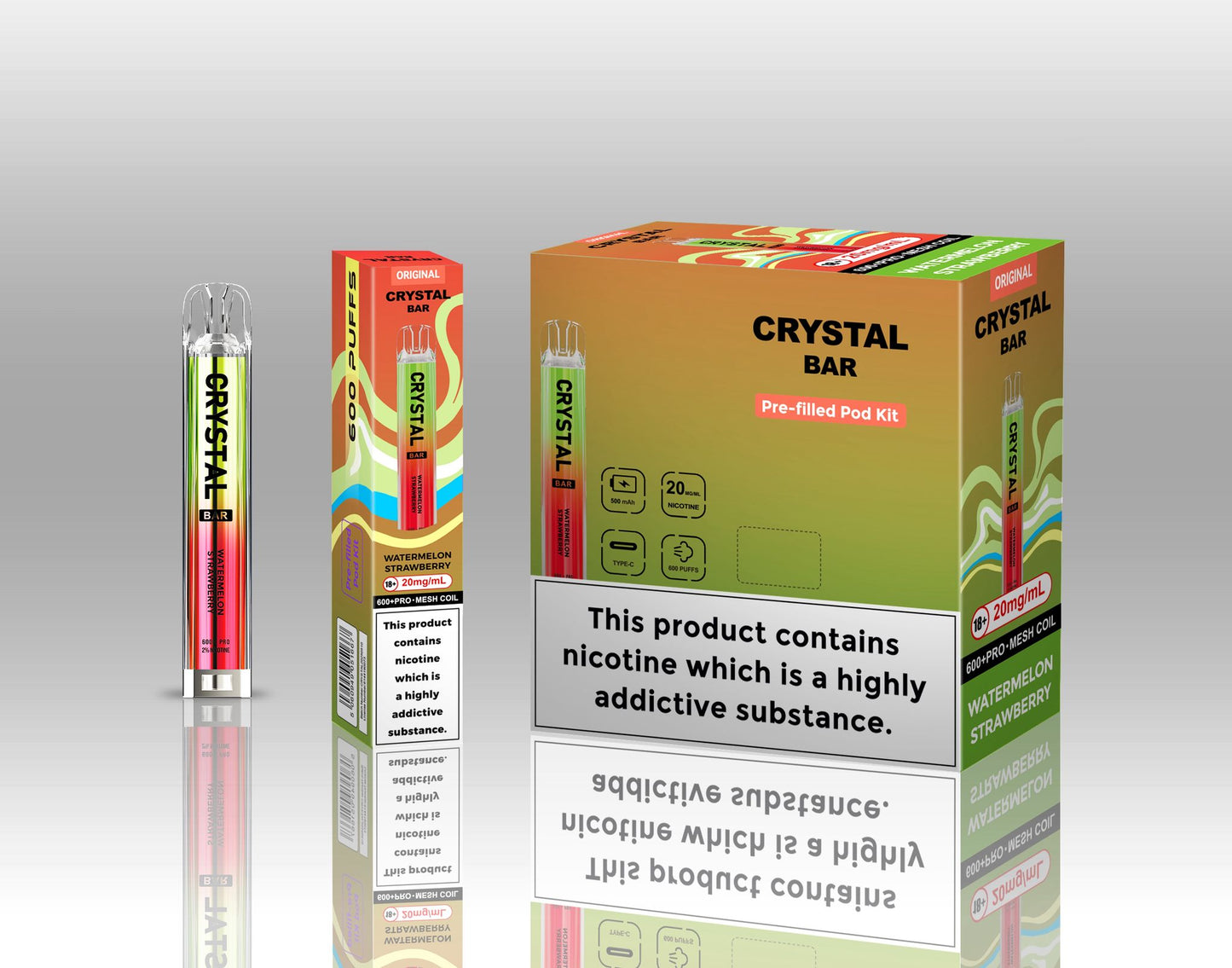 Image of Crystal Bar Original 600 Prefilled Pod Kit Pack of 10 - Flavour Watermelon Strawberry