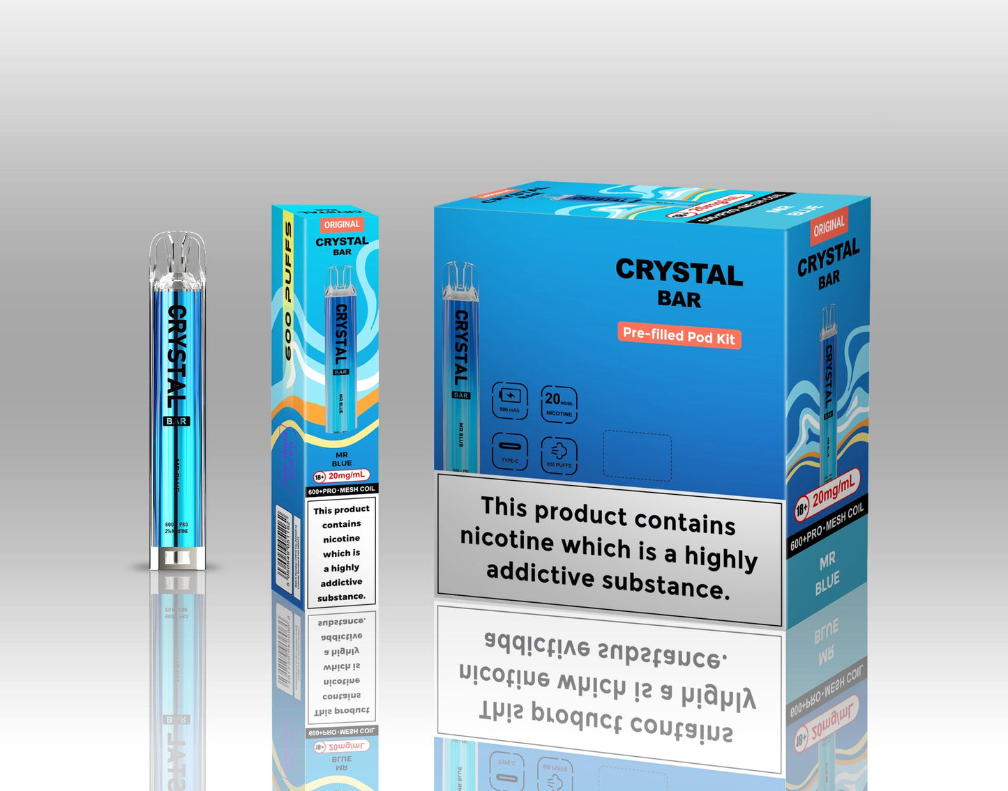 Image of Crystal Bar Original 600 Prefilled Pod Kit Pack of 10 - Flavour Mr Blue