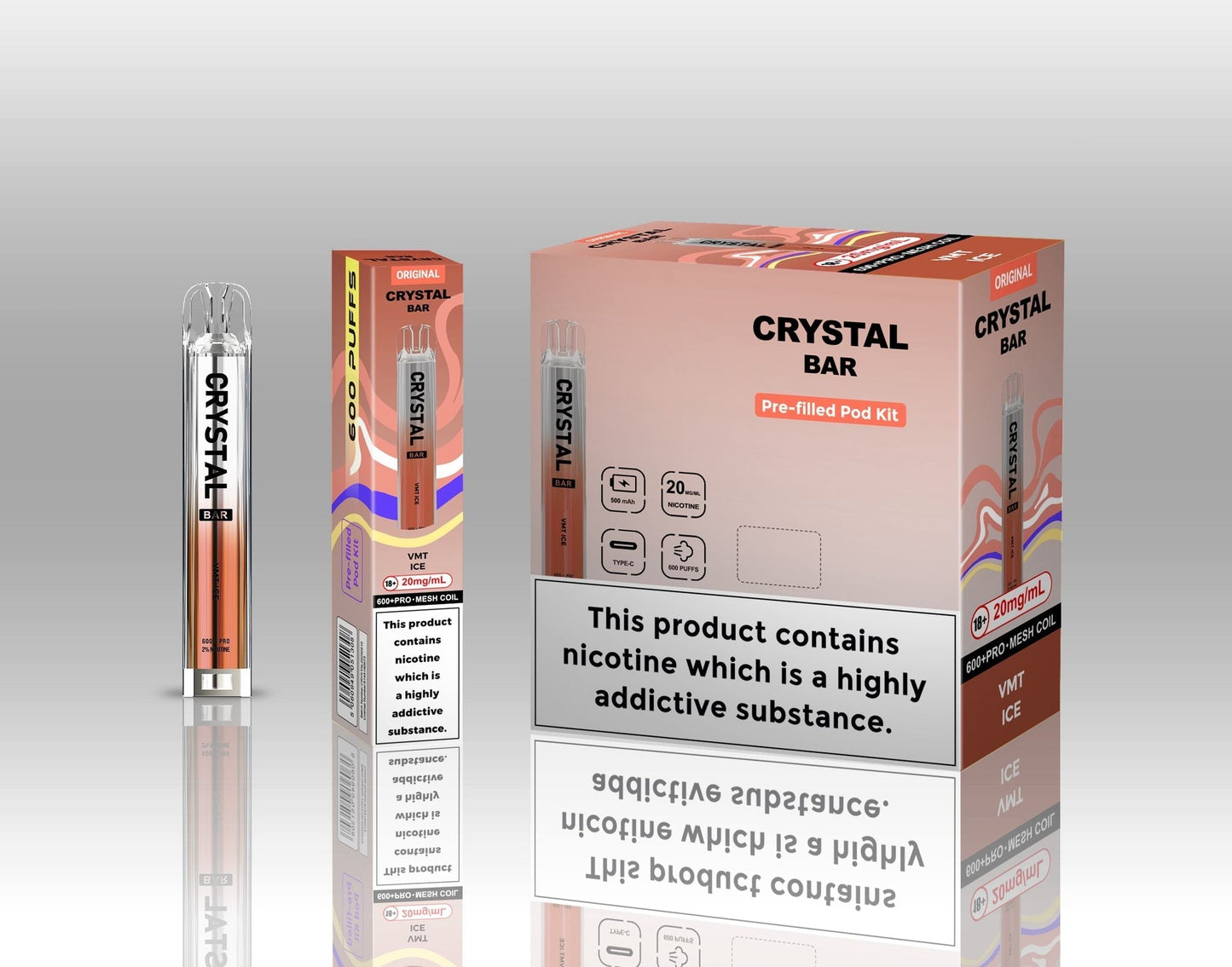 Image of Crystal Bar Original 600 Prefilled Pod Kit Pack of 10 - Flavour VMT Ice