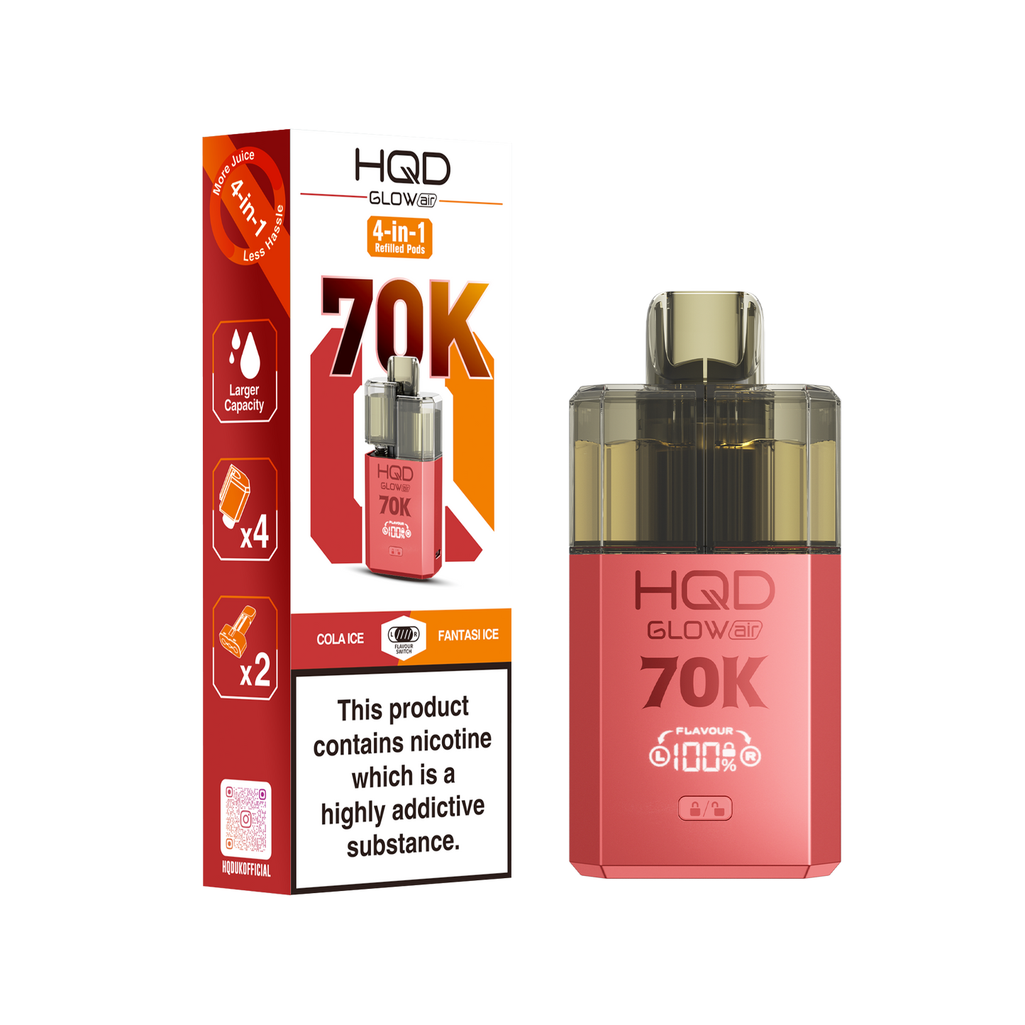HQD Glow Air 70K Puff Prefilled Pod Vape kit - Box of 5