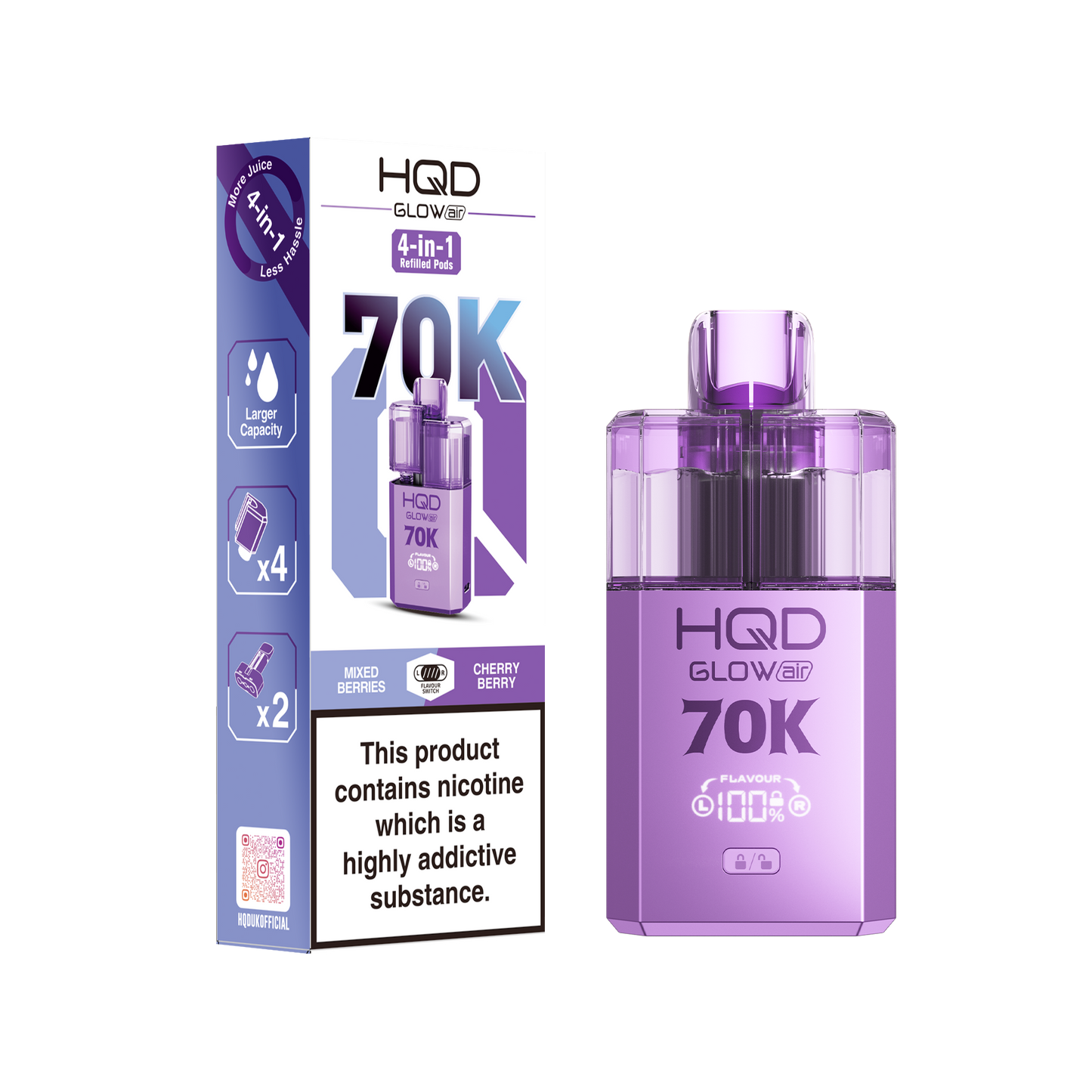 HQD Glow Air 70K Puff Prefilled Pod Vape kit - Box of 5
