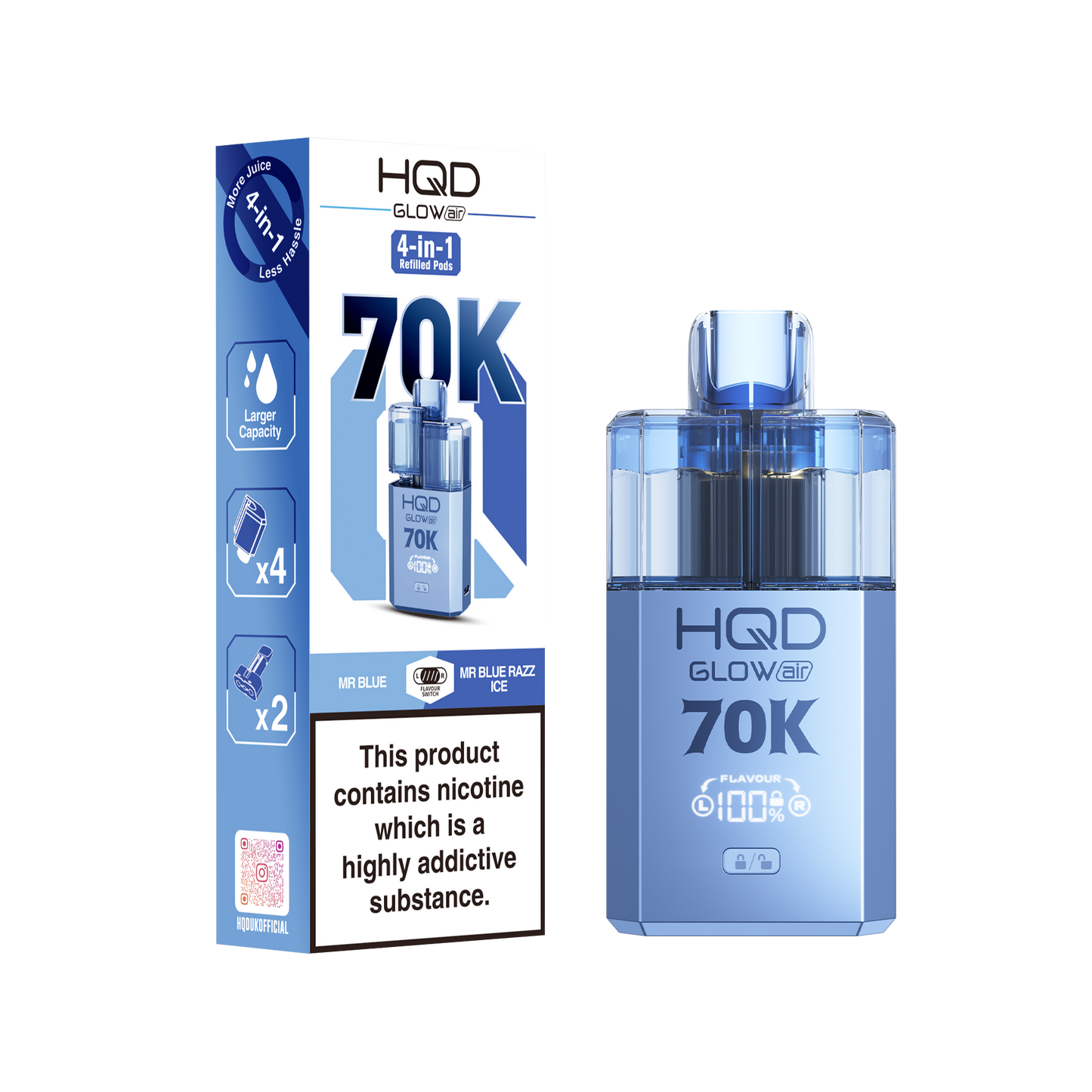 HQD Glow Air 70K Puff Prefilled Pod Vape kit - Box of 5