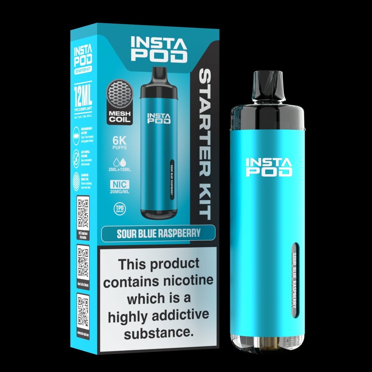 Image of Insta Pod 6k Prefilled Pod Vape Kit - Box of 5, Sour Blue Raspberry Flavour 