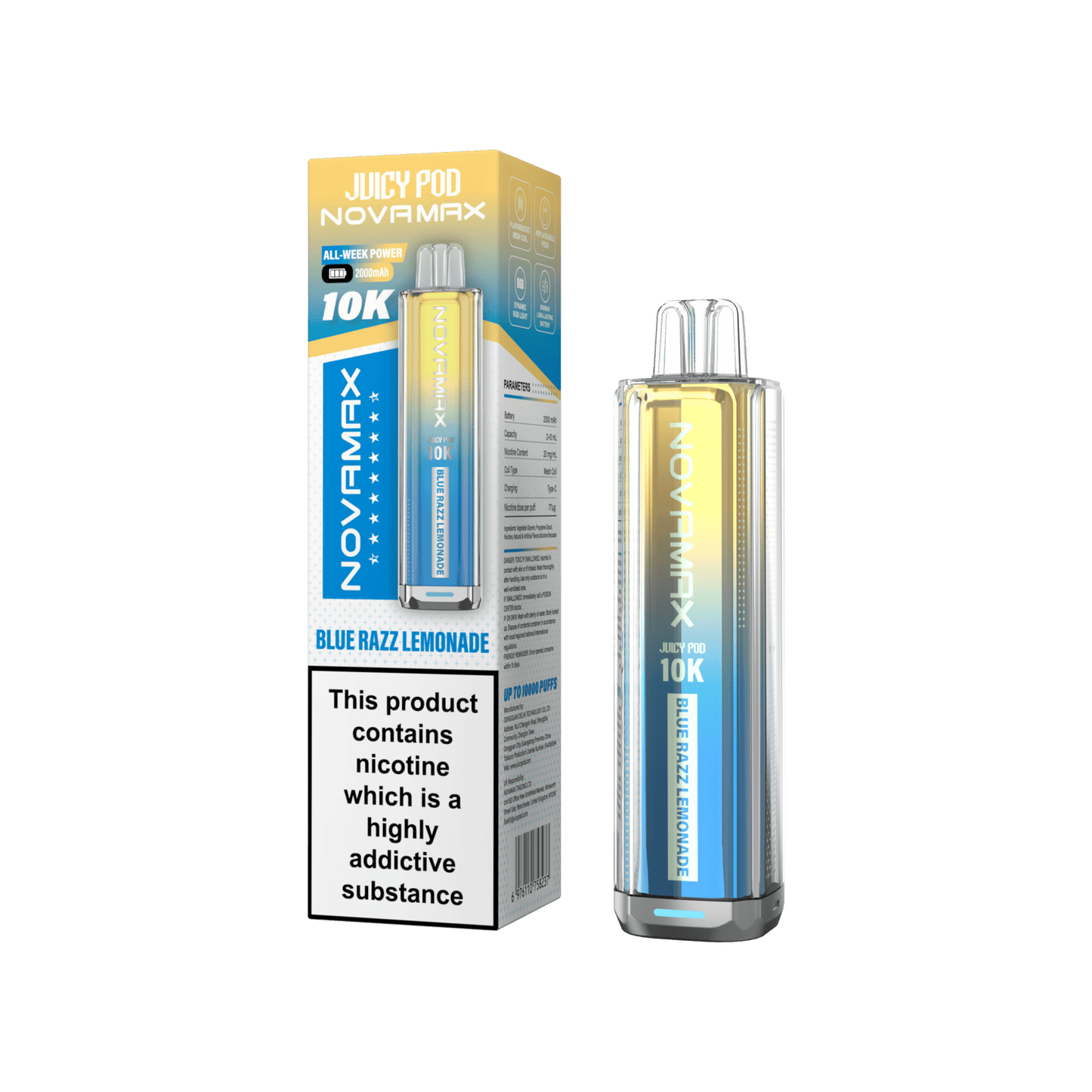 Juicy Pod Novamax 10k Prefilled Pod Vape Kit - Pack of 5 available in Blue Razz Lemonade Flavour 