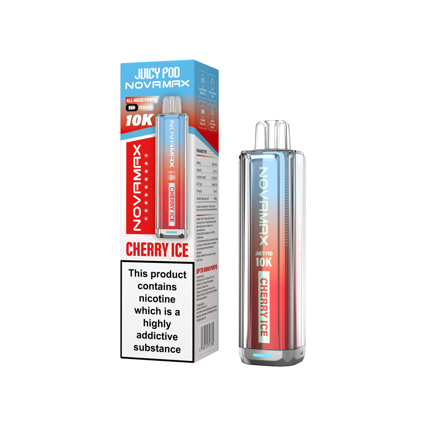 Juicy Pod Novamax 10k Prefilled Pod Vape Kit - Pack of 5 available in Cherry Ice Flavour 