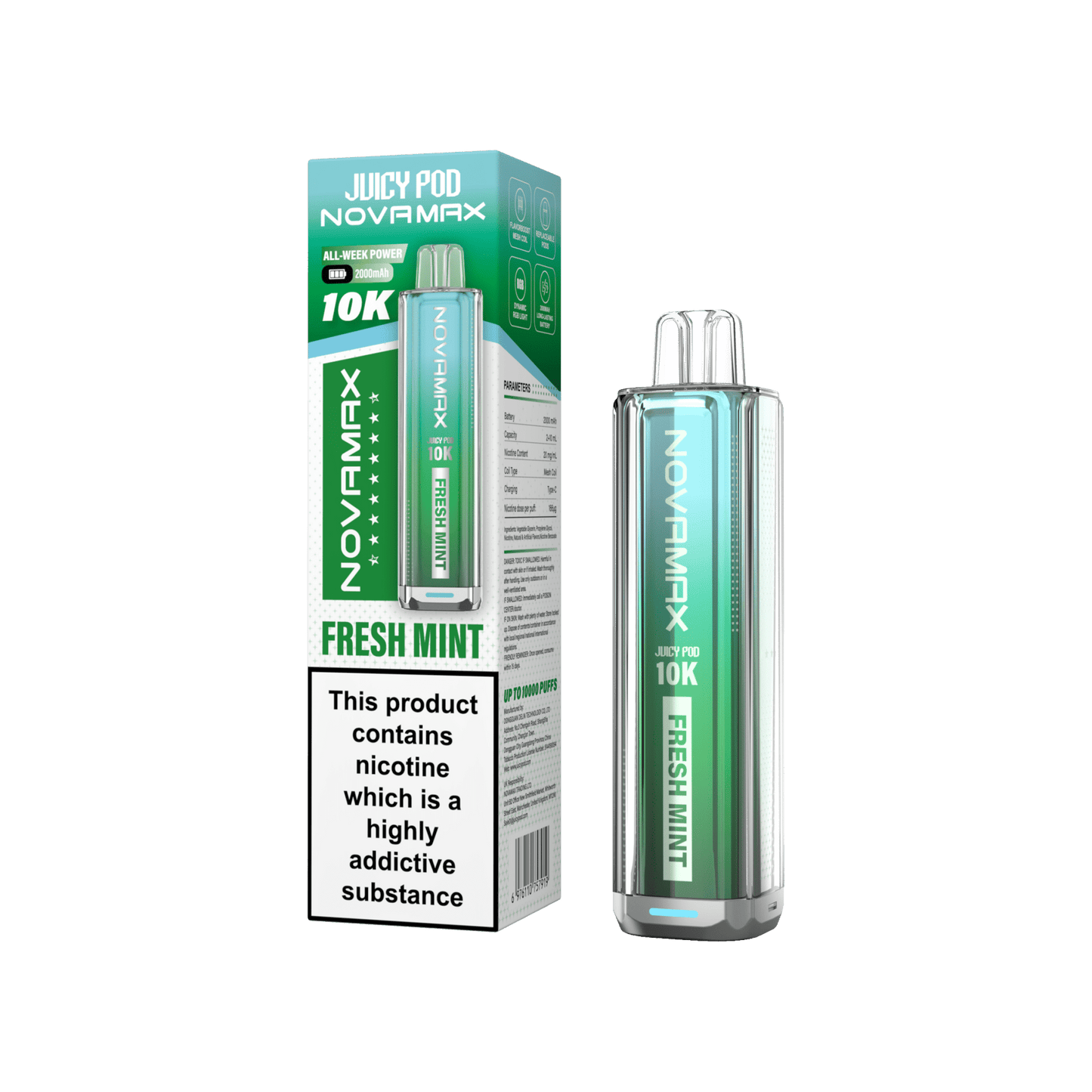 Juicy Pod Novamax 10k Prefilled Pod Vape Kit - Pack of 5 available in Fresh Mint Flavour