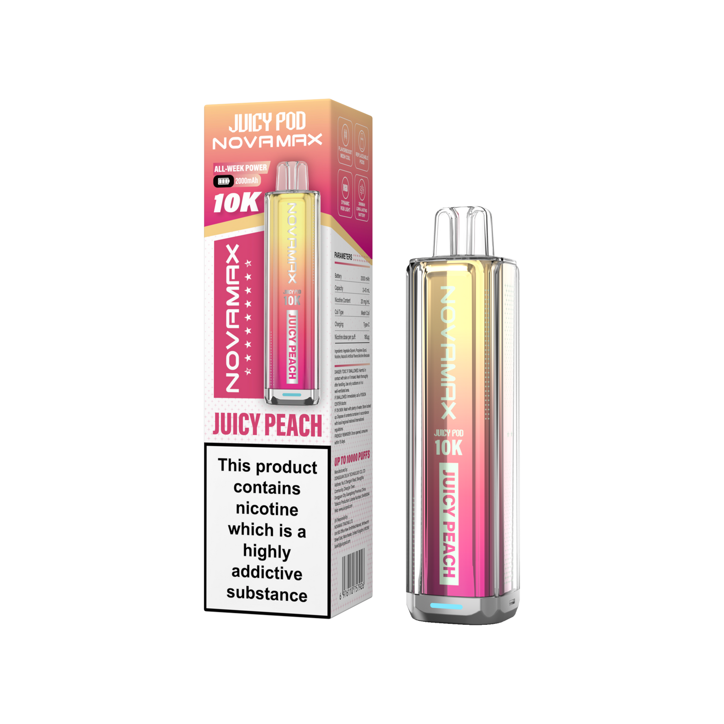 Juicy Pod Novamax 10k Prefilled Pod Vape Kit - Pack of 5 available in Juicy Peach Flavour 