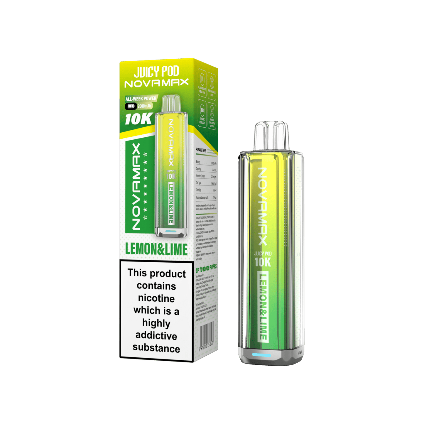 Juicy Pod Novamax 10k Prefilled Pod Vape Kit - Pack of 5 available in Lemon & Lime Flavour 