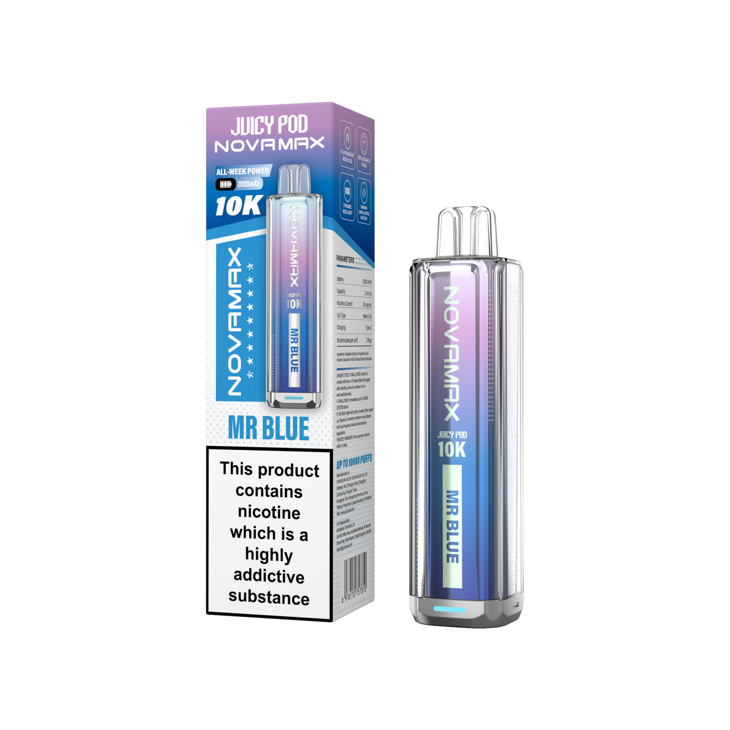 Juicy Pod Novamax 10k Prefilled Pod Vape Kit - Pack of 5 available in Mr Blue Flavour
