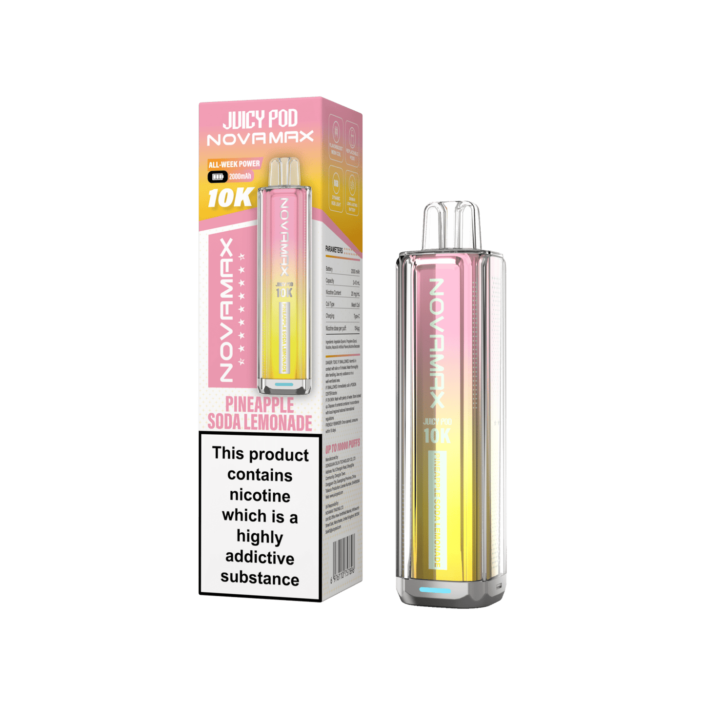 Juicy Pod Novamax 10k Prefilled Pod Vape Kit - Pack of 5 available in Pineapple Soda Lemonade 