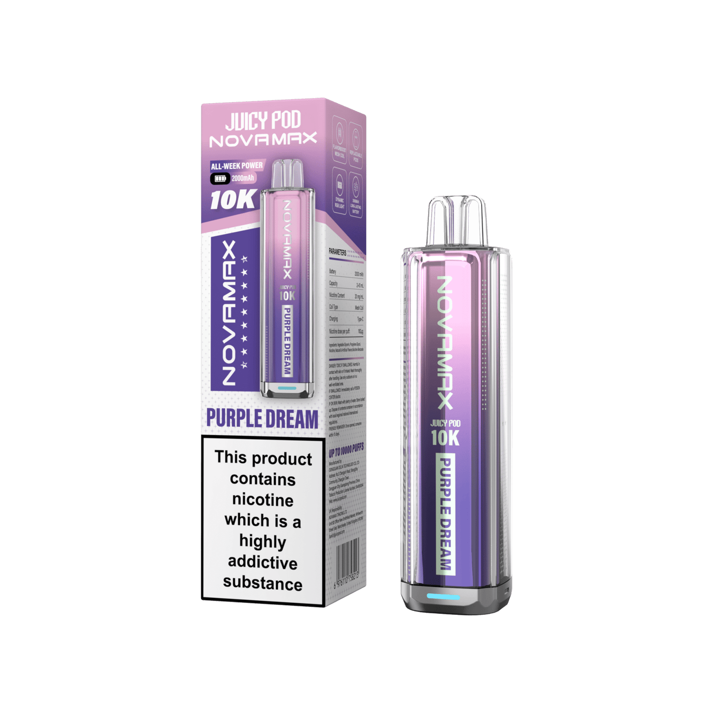 Juicy Pod Novamax 10k Prefilled Pod Vape Kit - Pack of 5 available in Purple Dream Flavour 