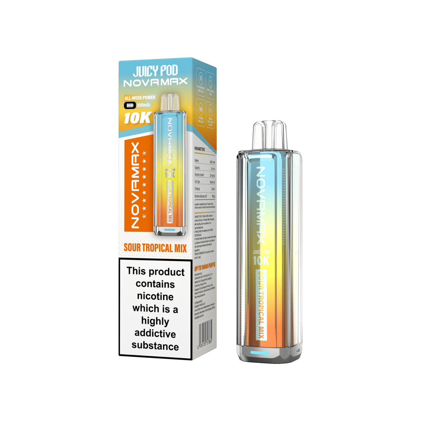 Juicy Pod Novamax 10k Prefilled Pod Vape Kit - Pack of 5 available in Sour Tropical Mix Flavour 
