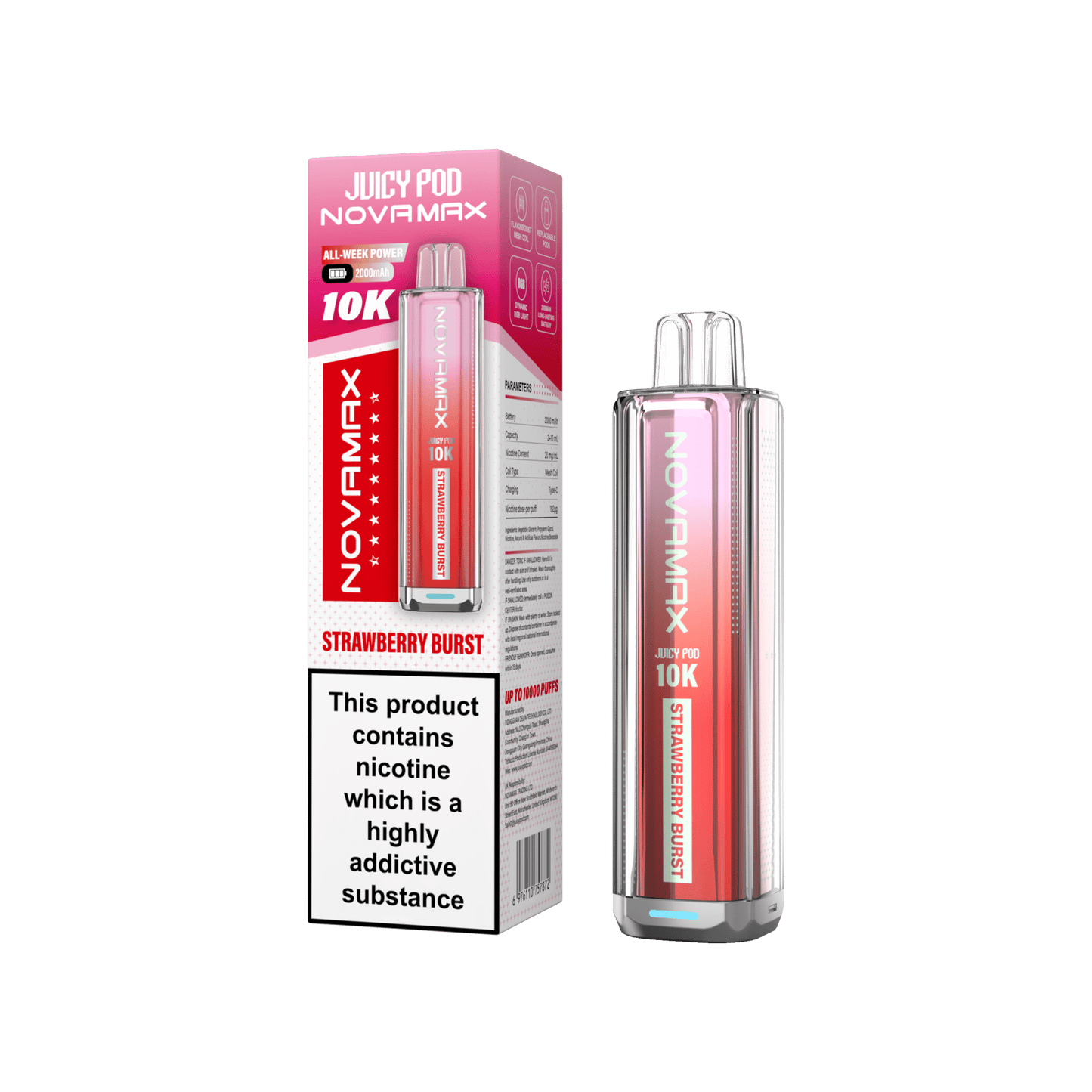 Juicy Pod Novamax 10k Prefilled Pod Vape Kit - Pack of 5 available in Strawberry Burst Flavour 