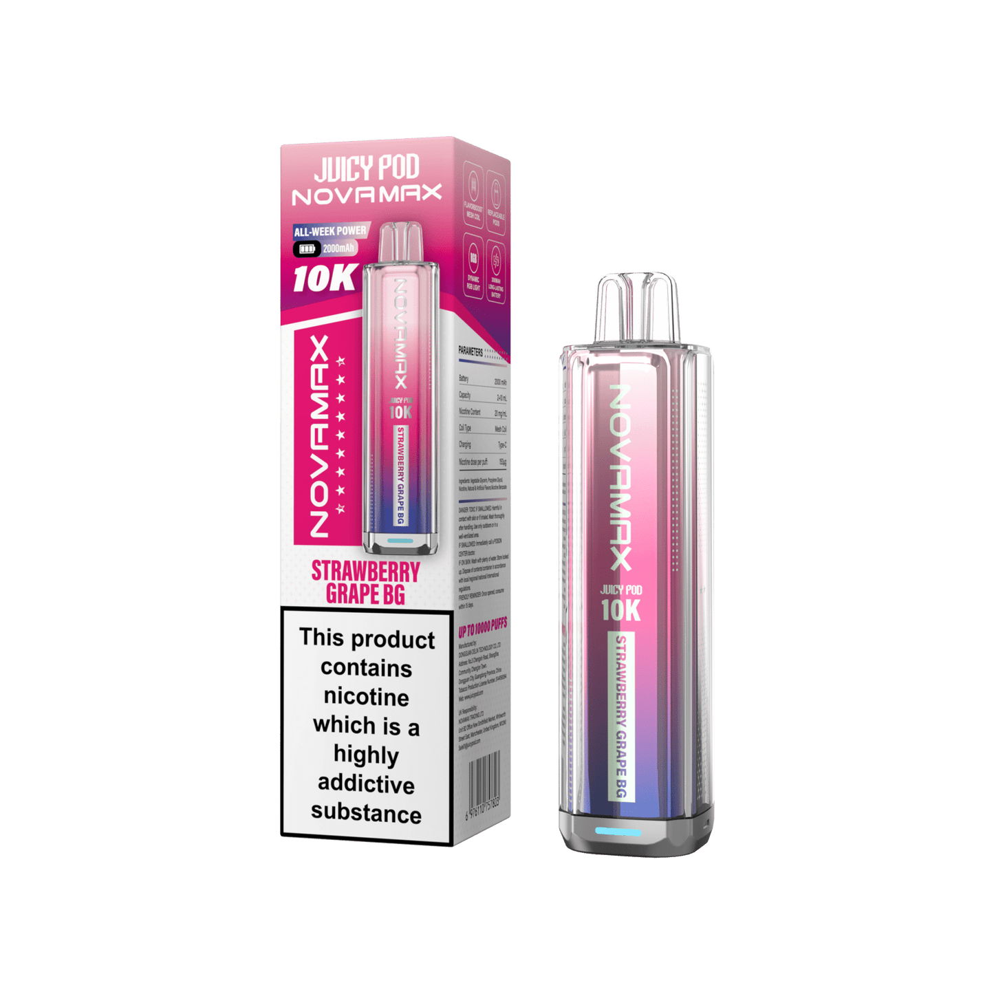 Juicy Pod Novamax 10k Prefilled Pod Vape Kit - Pack of 5 available in Strawberry Grape GB Flavour 