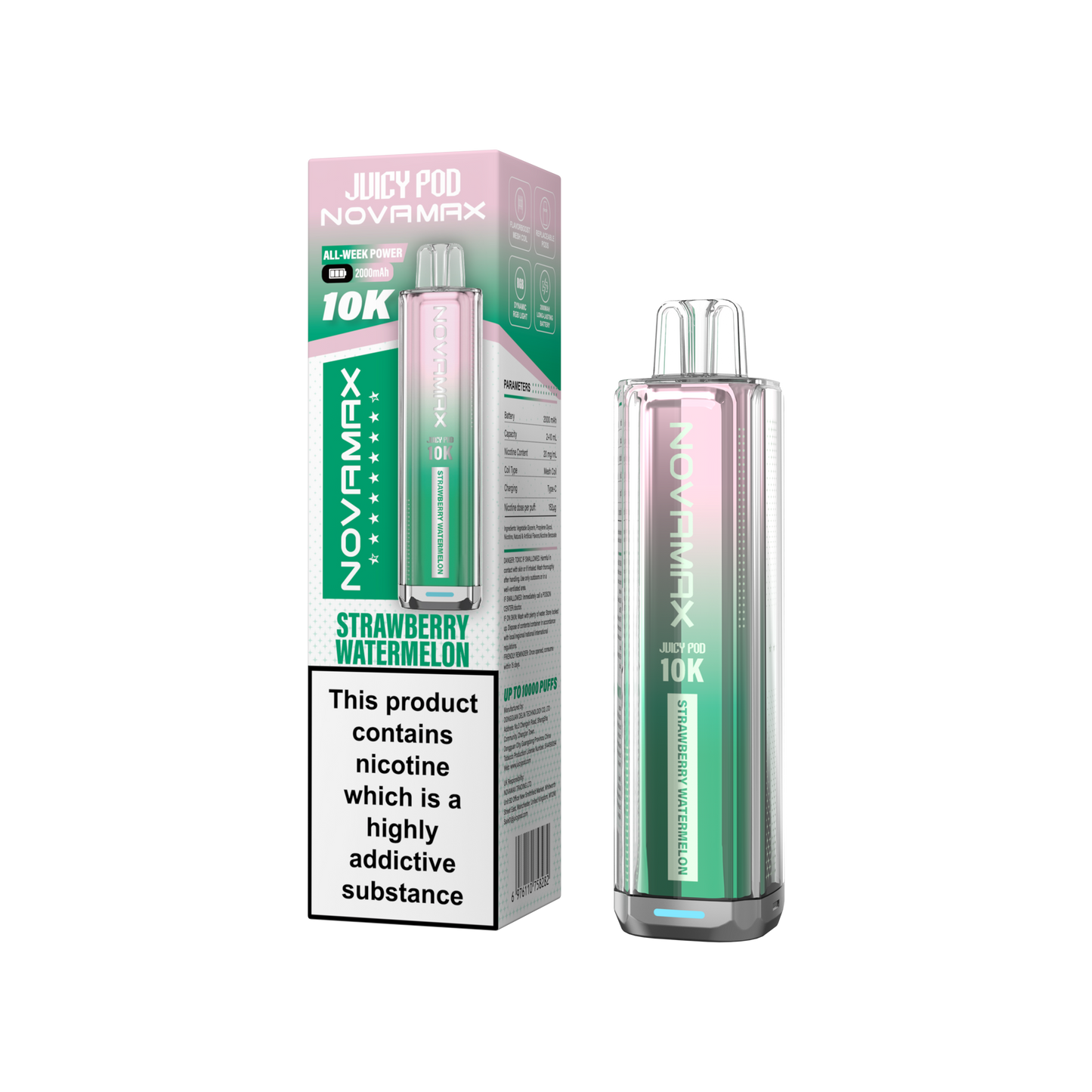 Juicy Pod Novamax 10k Prefilled Pod Vape Kit - Pack of 5 available in Strawberry Watermelon Flavour 