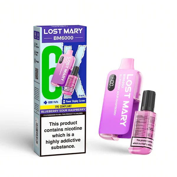 Lost Mary BM6000 Prefilled Vape Pod Kit - Box of 5 available in Blueberry Sour Raspberry Flavor 