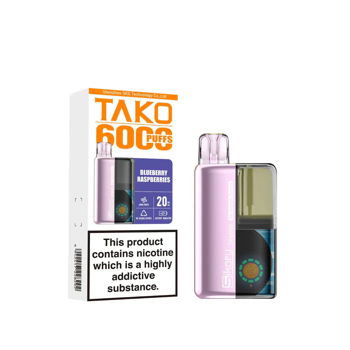 Image Of SKE Sikary TAKO SP6000 puffs Prefilled Pod Kit - Box Of 5 With Flavour Blueberrry Raspberries