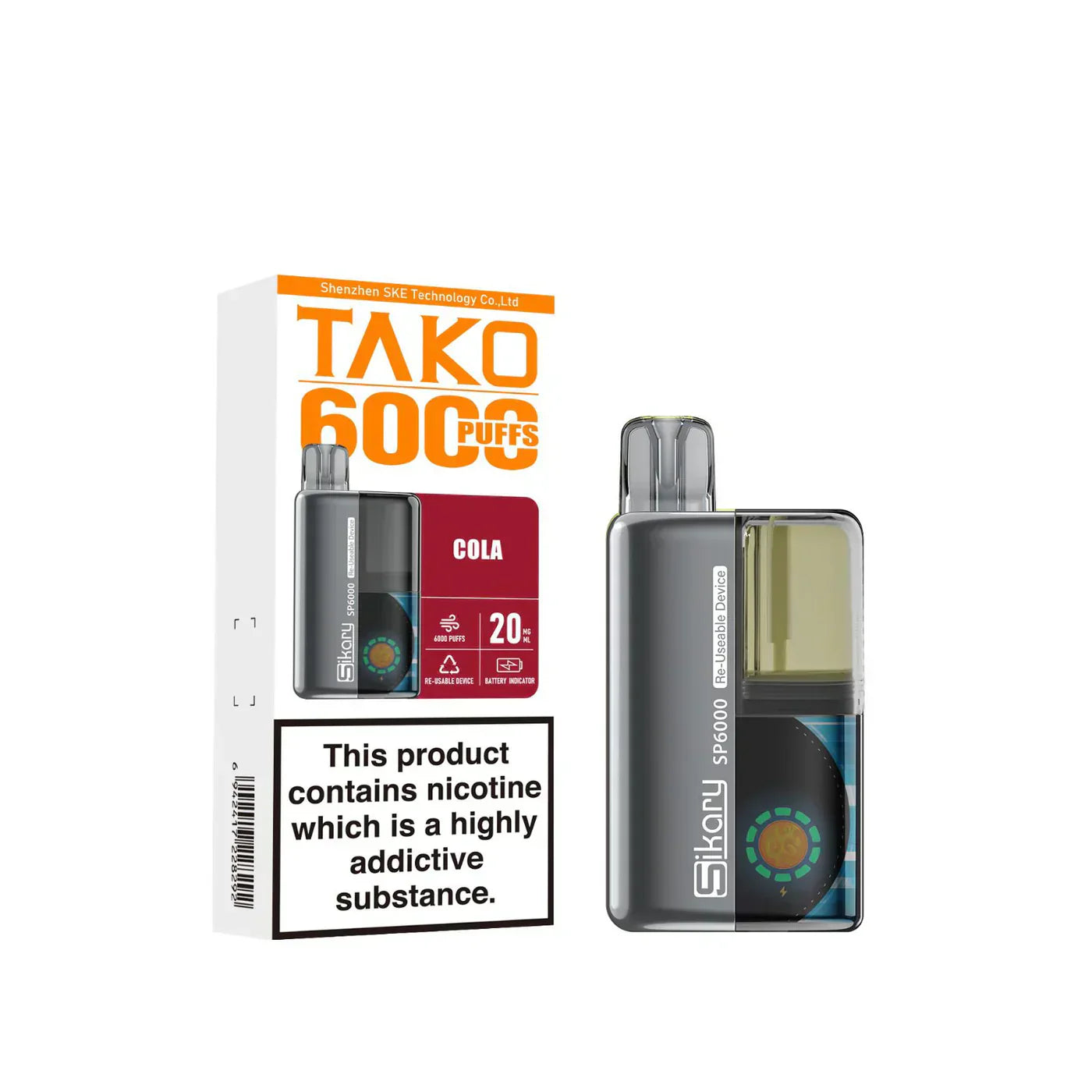 Image Of SKE Sikary TAKO SP6000 puffs Prefilled Pod Kit - Box Of 5 With  Flavour Cola