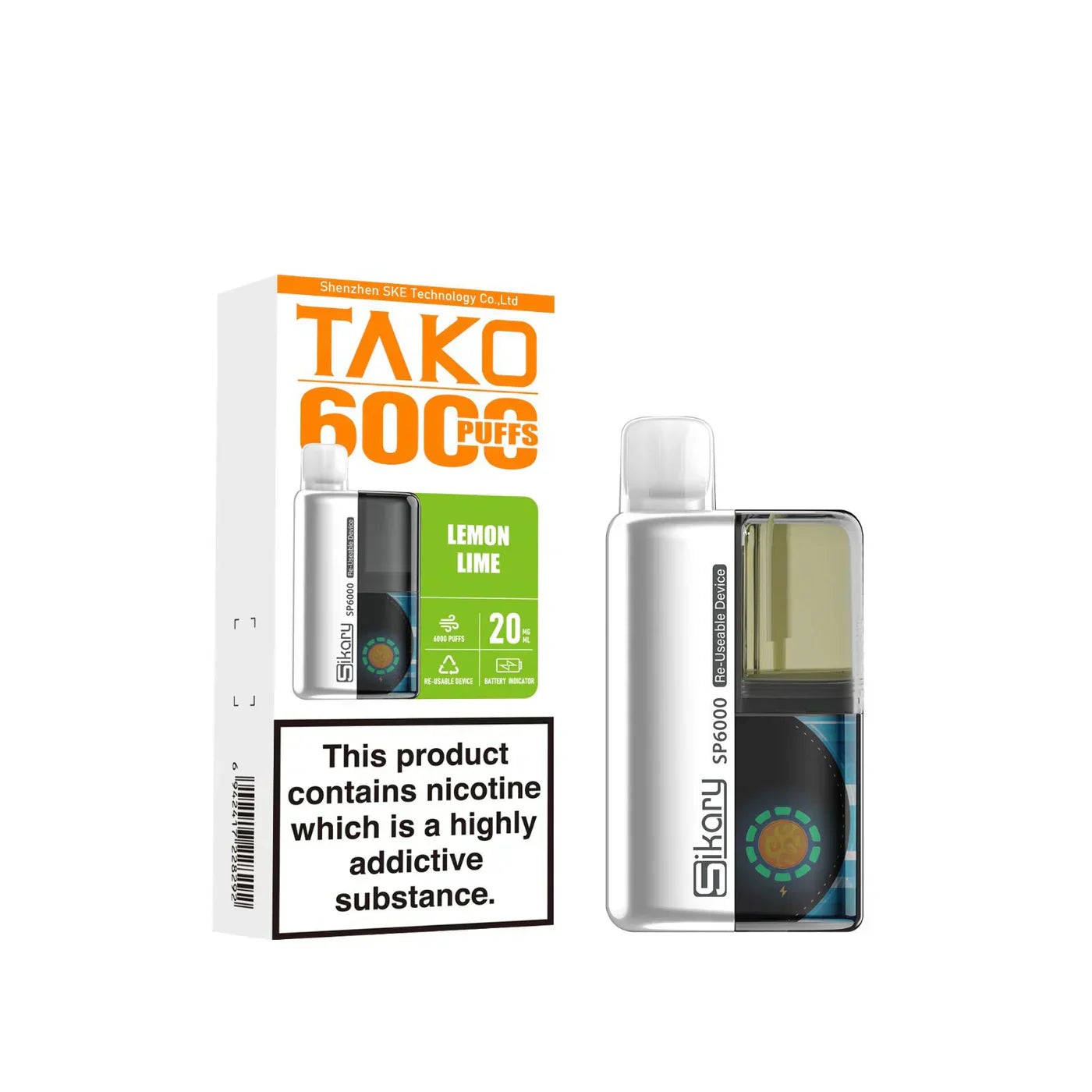 Image Of SKE Sikary TAKO SP6000 puffs Prefilled Pod Kit - Box Of 5 With Flavour Lemon Lime