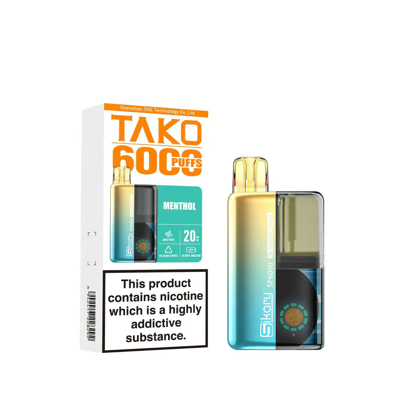 Image Of SKE Sikary TAKO SP6000 puffs Prefilled Pod Kit - Box Of 5 With Flavour Menthol