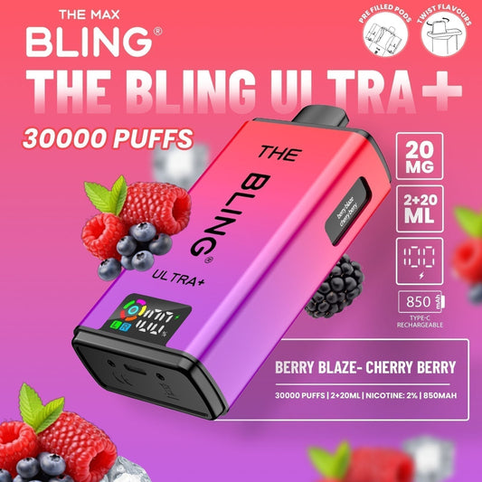 The Bling Ultra Plus 30k Prefilled Vape Pod Kit Box of 5 Available In Berry Blaze - Cherry Berry Flavour 