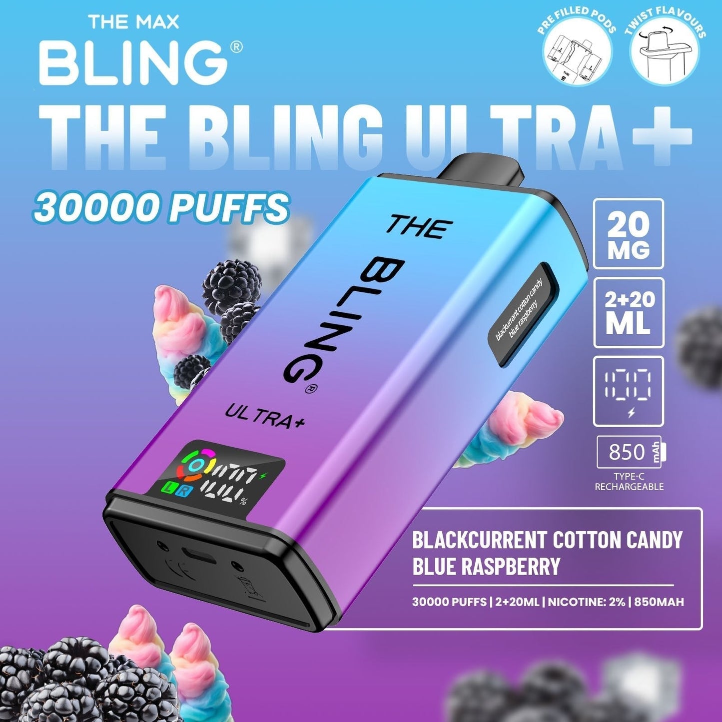 The Bling Ultra Plus 30k Prefilled Vape Pod Kit Box of 5 available in Blackcurrent Cotton Candy Blue Raspberry Flavour 