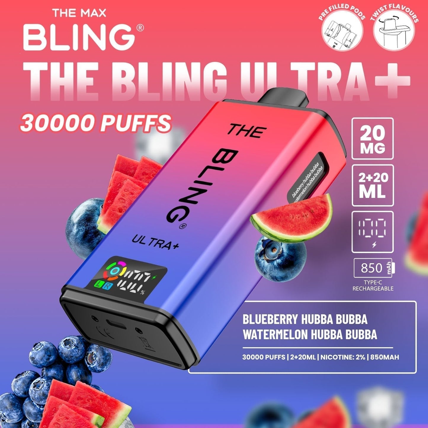 The Bling Ultra Plus 30k Prefilled Vape Pod Kit Box of 5 available in Blueberry Hubba Bubba Watermelon Hubba Bubba 