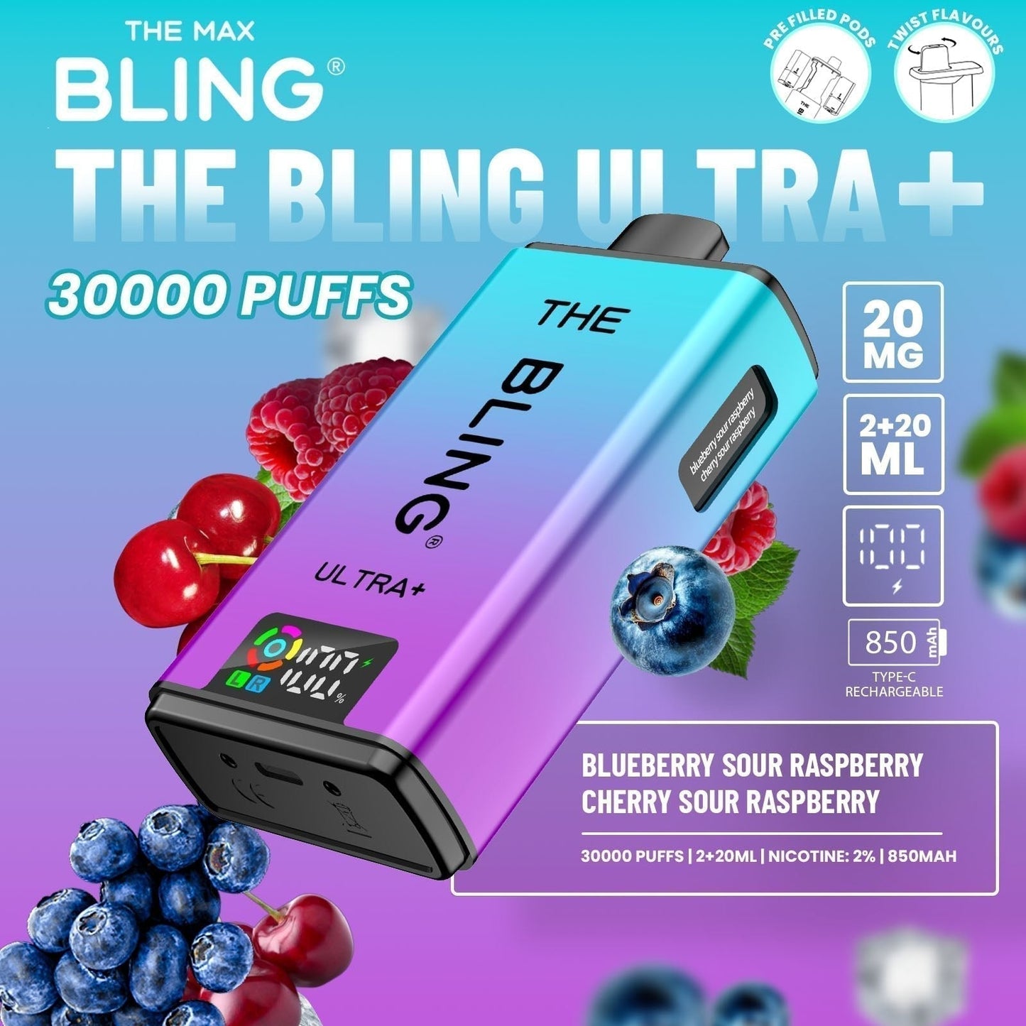 The Bling Ultra Plus 30k Prefilled Vape Pod Kit Box of 5 available in Blueberry Sour Raspberry Cherry Sour Raspberry 