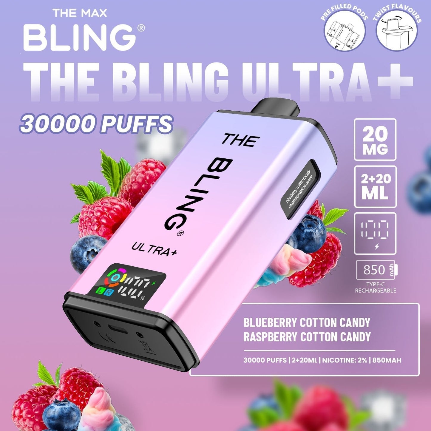 The Bling Ultra Plus 30k Prefilled Vape Pod Kit Box of 5 available in Blueberry Cotton Candy Raspberry Cotton Candy 