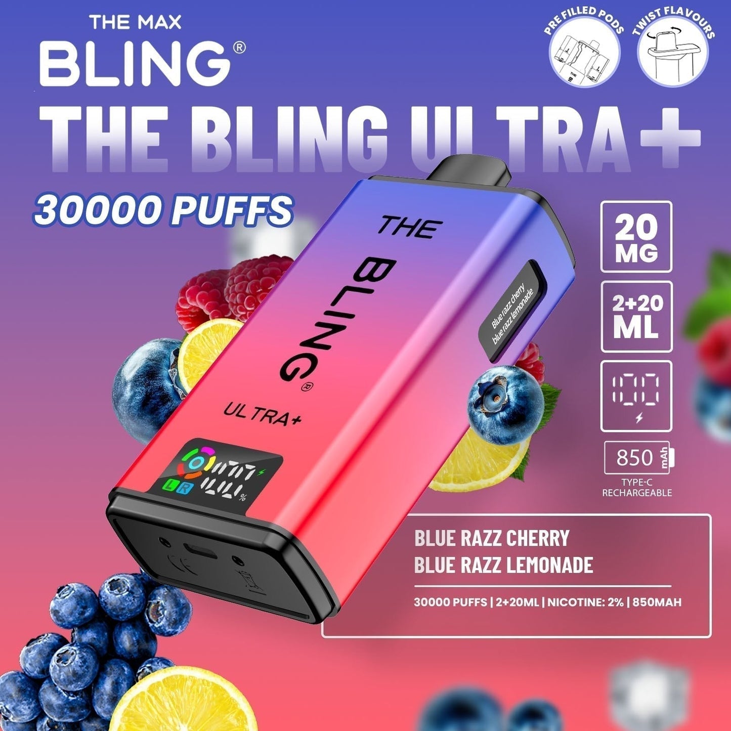 The Bling Ultra Plus 30k Prefilled Vape Pod Kit Box of 5 available in Blue Razz Cherry Blue Razz Lemonade 