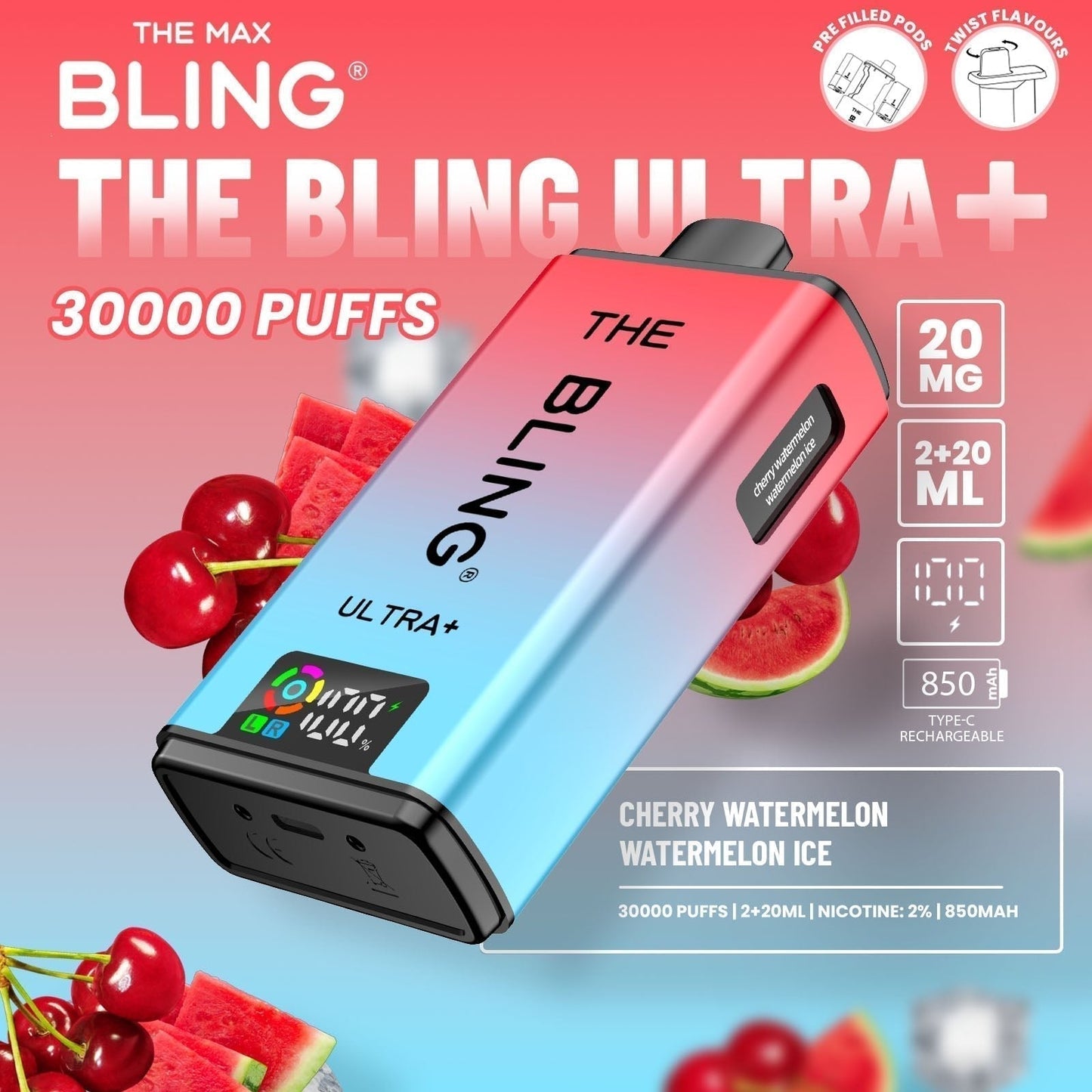 The Bling Ultra Plus 30k Prefilled Vape Pod Kit Box of 5 available in Cherry Watermelon Watermelon Ice 