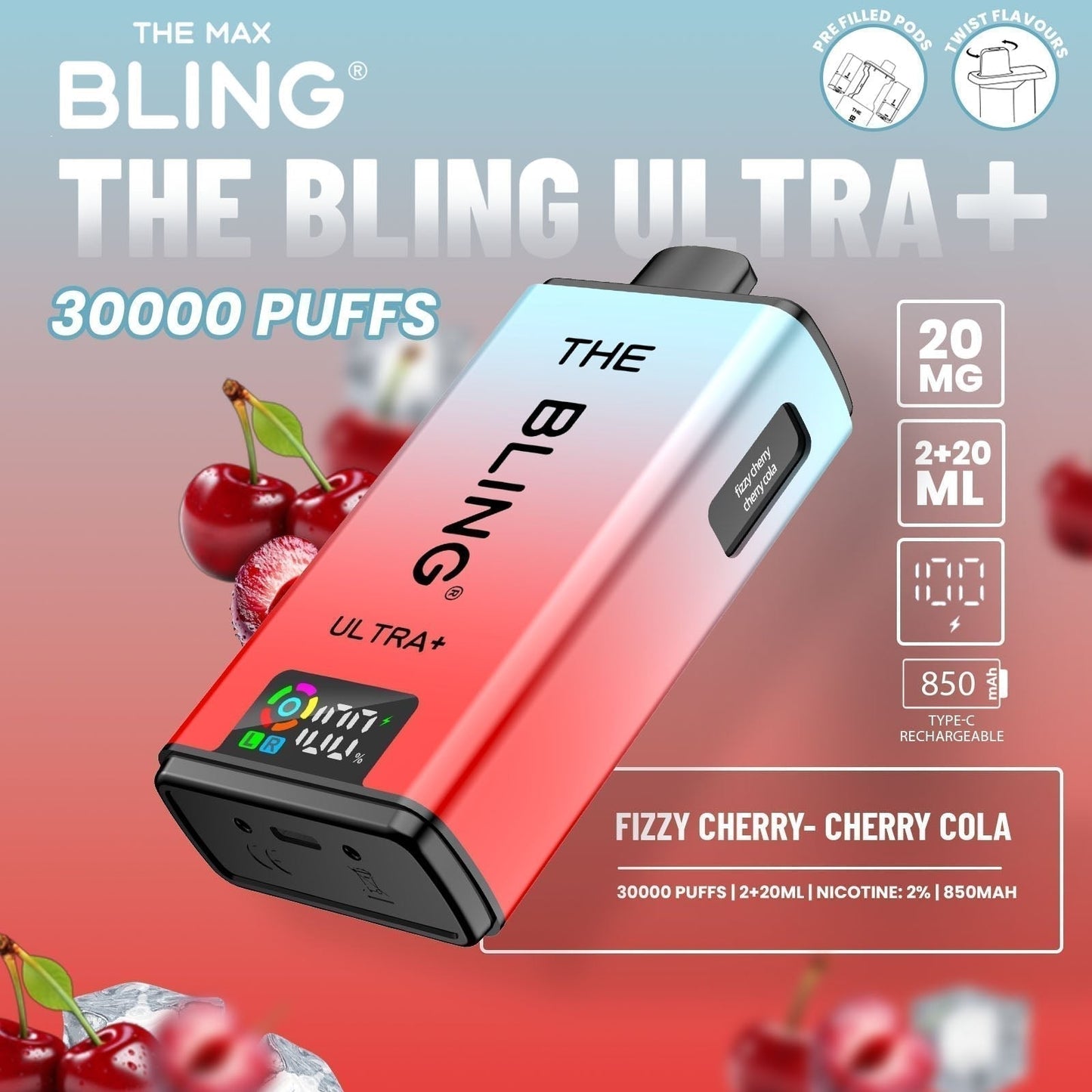 The Bling Ultra Plus 30k Prefilled Vape Pod Kit Box of 5 available in Fizzy Cherry - Cherry Cola 